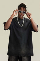 Washed Gradient Cotton Relaxed Drop-Shoulder T-Shirt in Black - three-quarter front modeled view