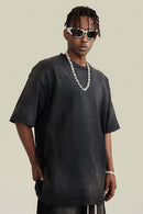 Washed Gradient Cotton Relaxed Drop-Shoulder T-Shirt in Black - side modeled view