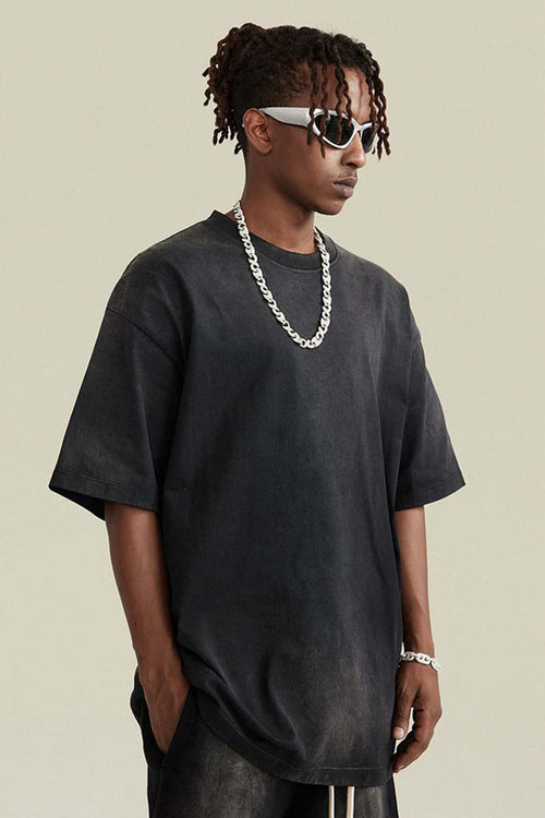 Washed Gradient Cotton Relaxed Drop-Shoulder T-Shirt in Black - side modeled view