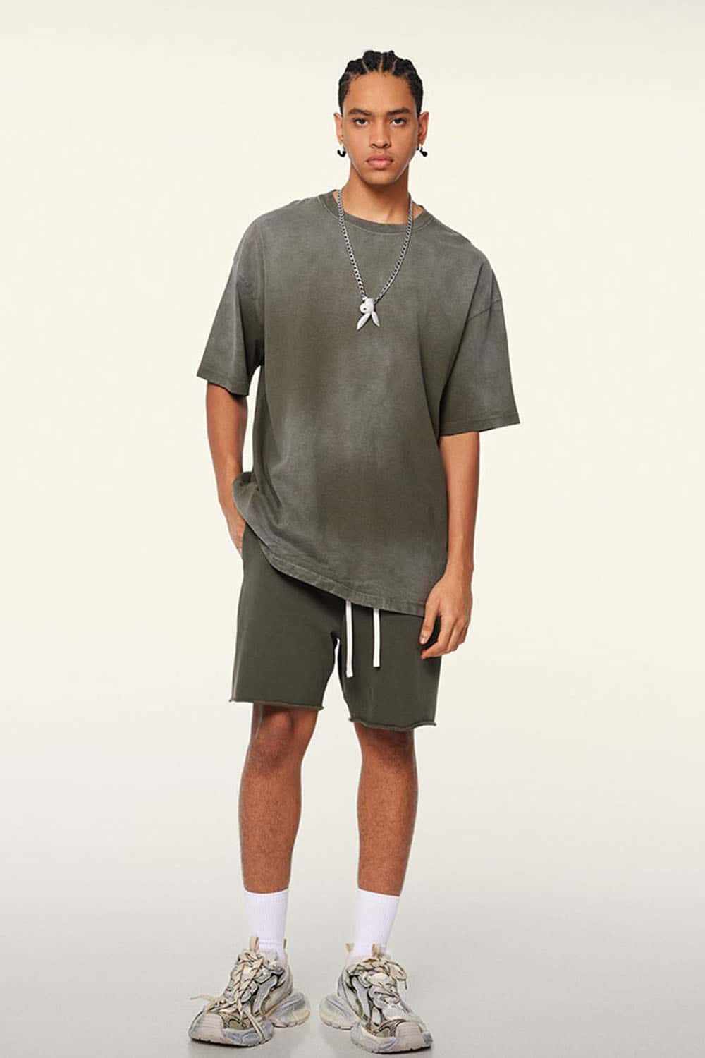 Washed Gradient Cotton Relaxed Drop-Shoulder T-Shirt in Coffee - full-length front modeled view