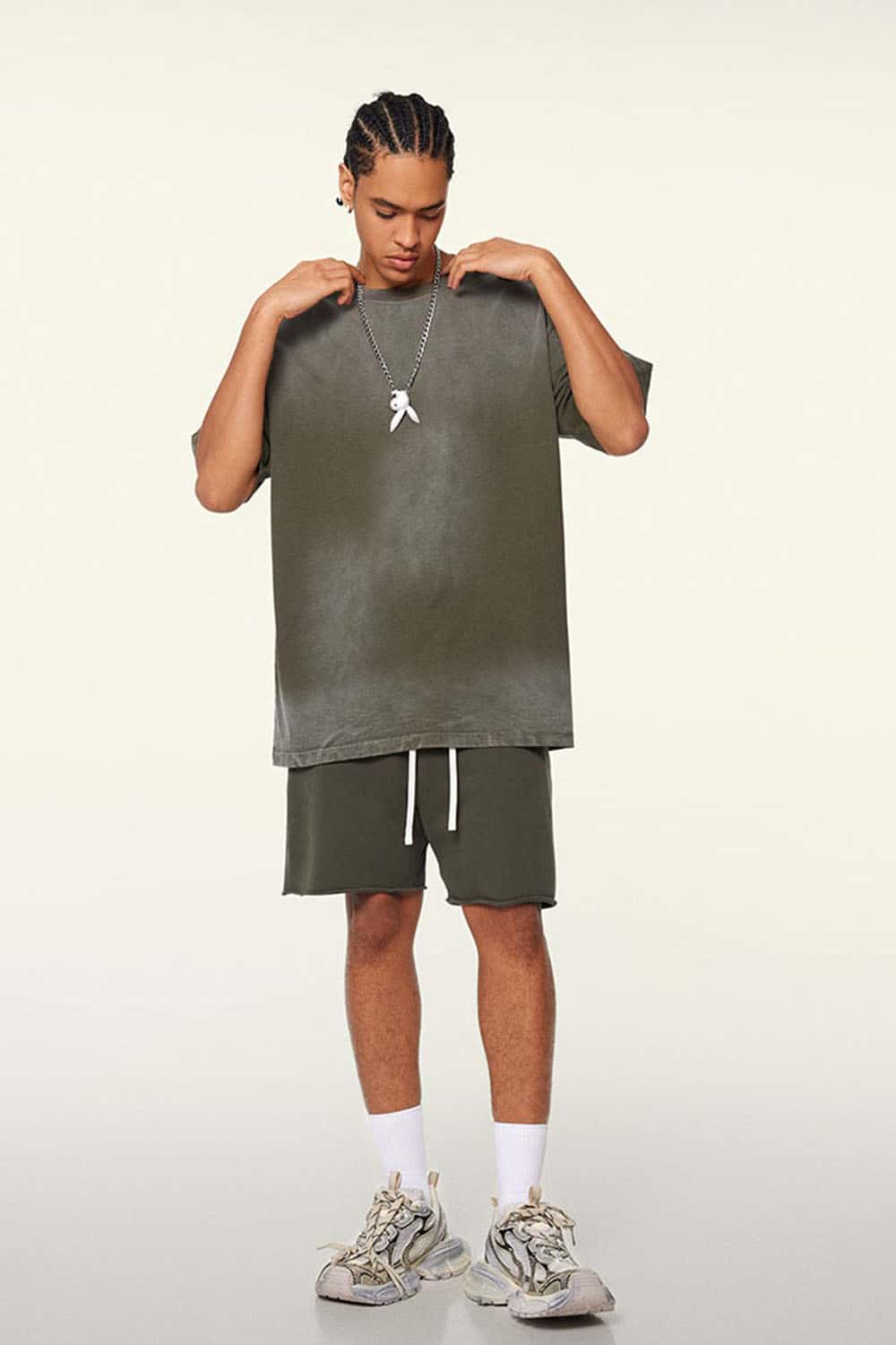 Washed Gradient Cotton Relaxed Drop-Shoulder T-Shirt in Coffee - full-length front modeled view