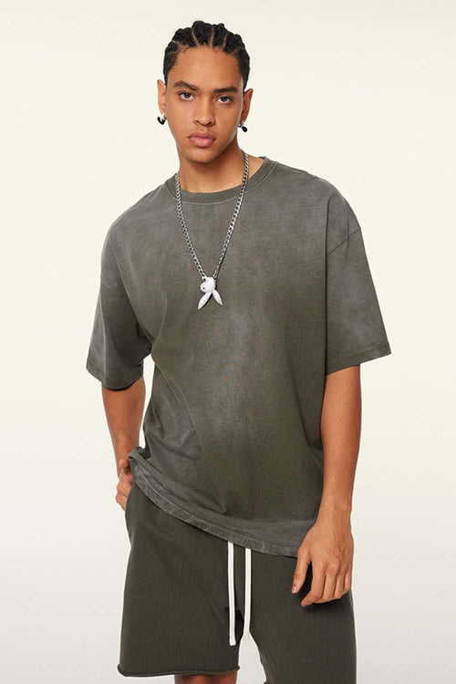 Washed Gradient Cotton Relaxed Drop-Shoulder T-Shirt in Coffee - front modeled view