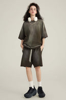 Washed Gradient Cotton Relaxed Drop-Shoulder T-Shirt in Coffee - full-length front modeled view