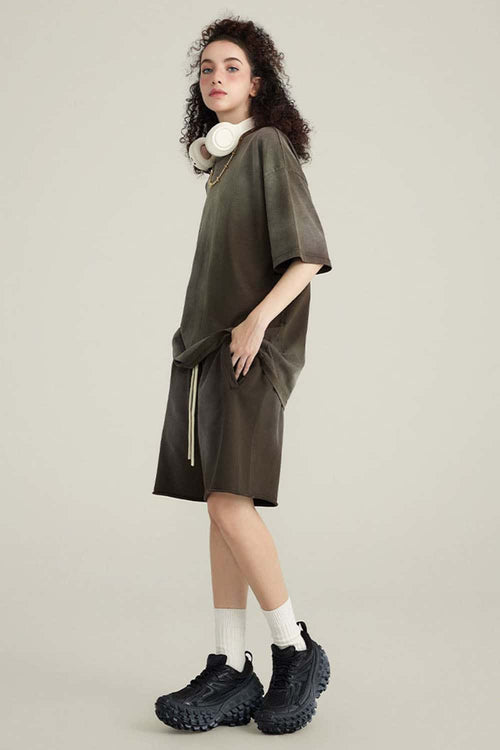 Washed Gradient Cotton Relaxed Drop-Shoulder T-Shirt in Coffee - side modeled view