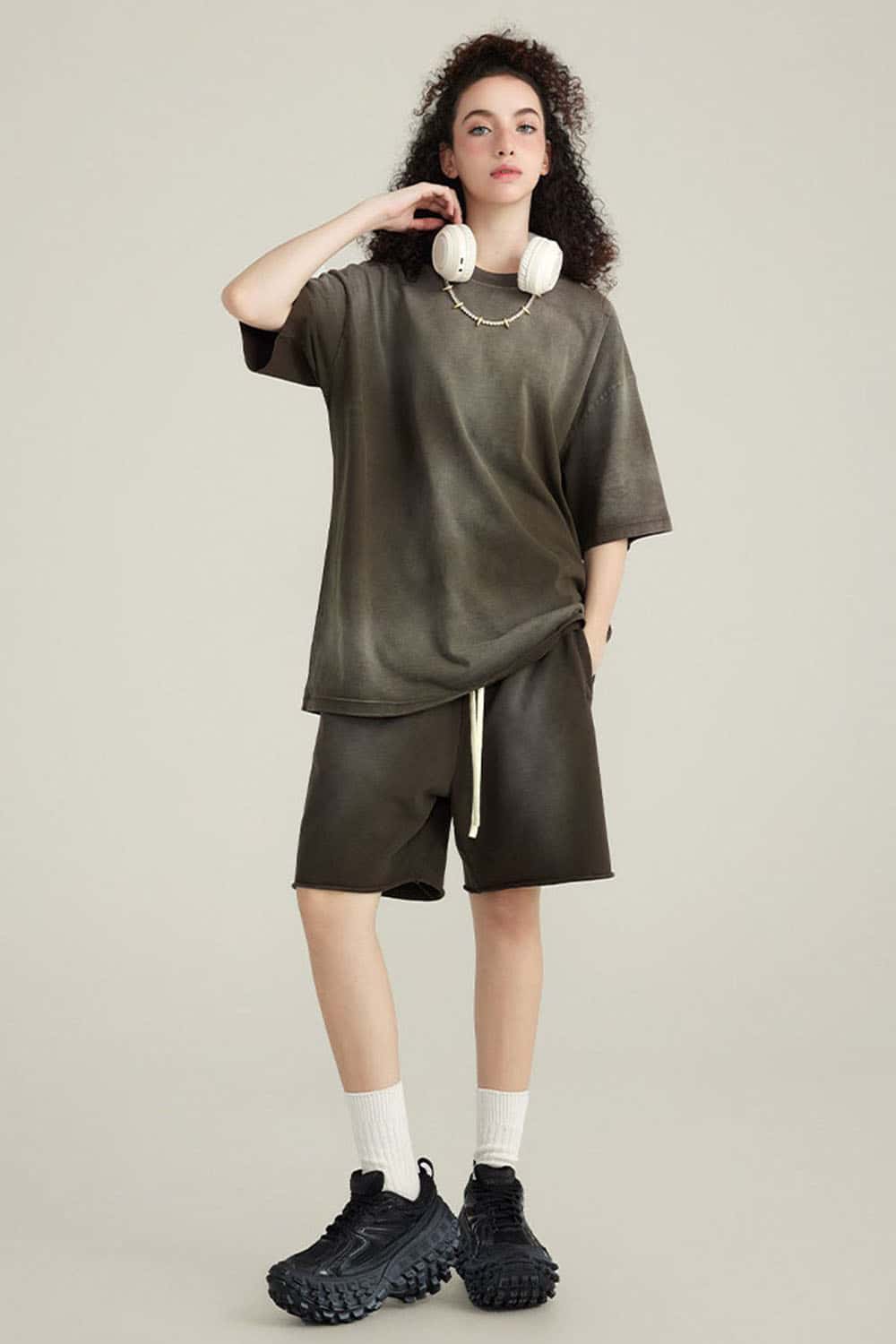Washed Gradient Cotton Relaxed Drop-Shoulder T-Shirt in Coffee - full-length front modeled view