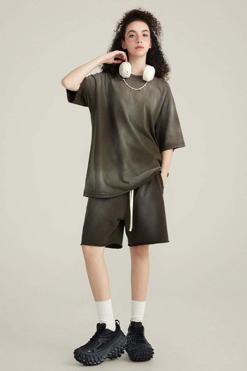Washed Gradient Cotton Relaxed Drop-Shoulder T-Shirt in Coffee - full-length front modeled view