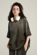 Washed Gradient Cotton Relaxed Drop-Shoulder T-Shirt in Coffee - front modeled view