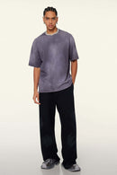 Washed Gradient Cotton Relaxed Drop-Shoulder T-Shirt in Grape Purple - full-length front modeled view