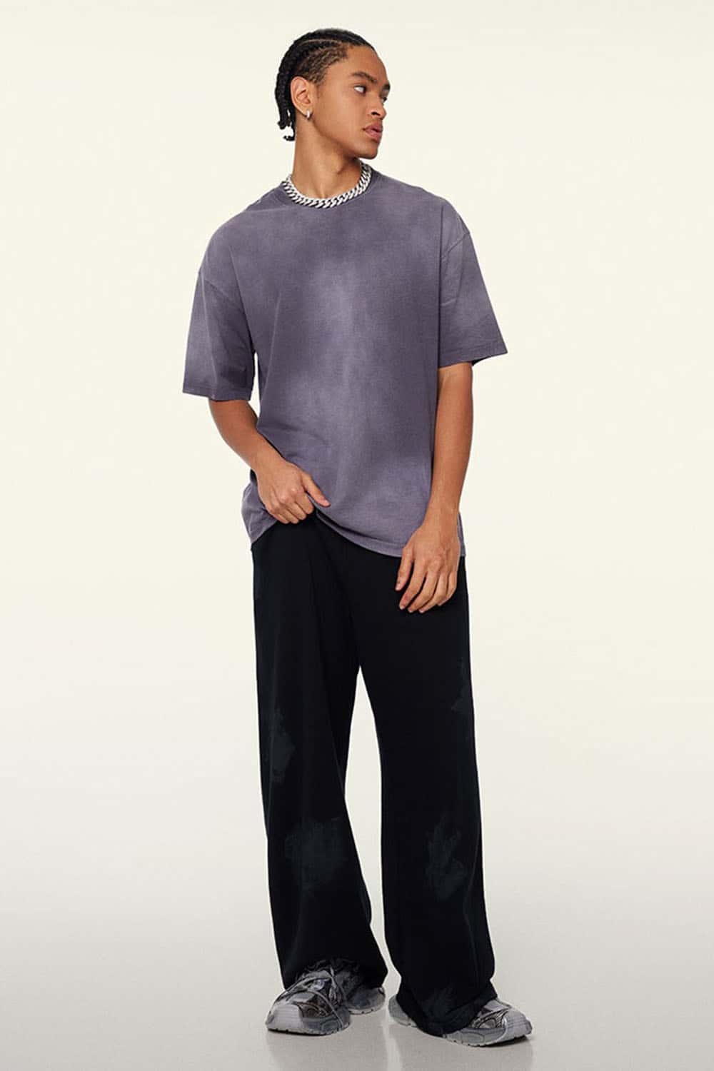 Washed Gradient Cotton Relaxed Drop-Shoulder T-Shirt in Grape Purple - full-length front modeled view