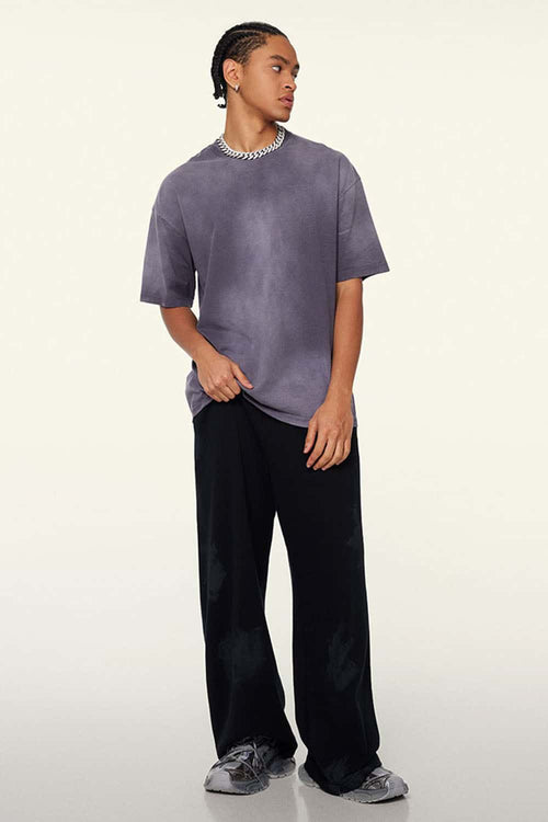 Washed Gradient Cotton Relaxed Drop-Shoulder T-Shirt in Grape Purple - full-length front modeled view