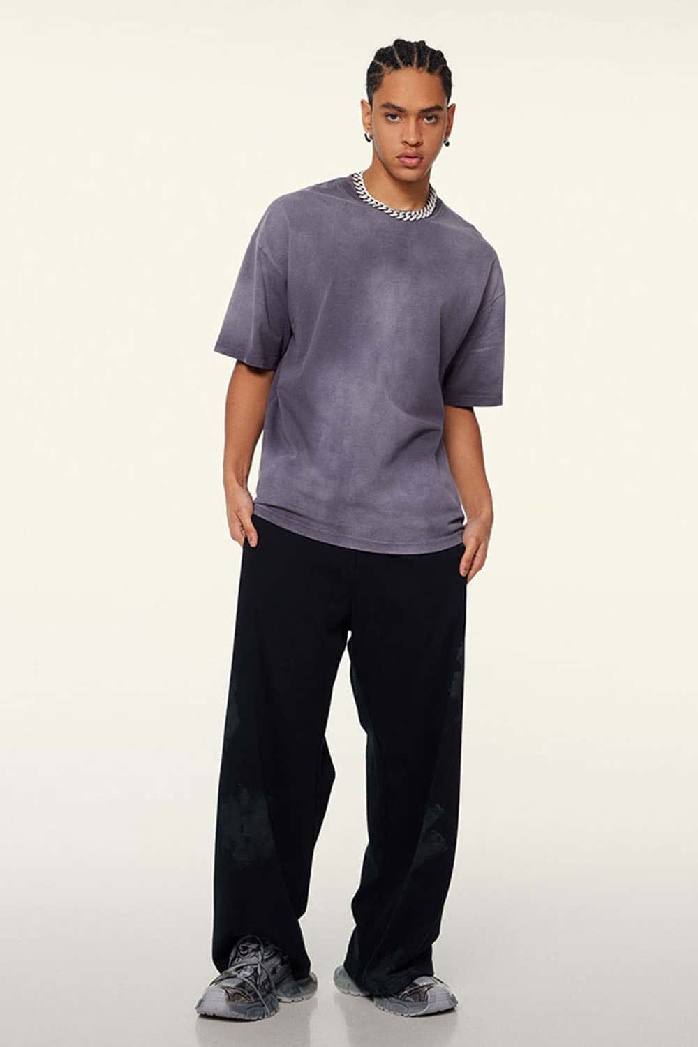 Washed Gradient Cotton Relaxed Drop-Shoulder T-Shirt in Grape Purple - full-length front modeled view