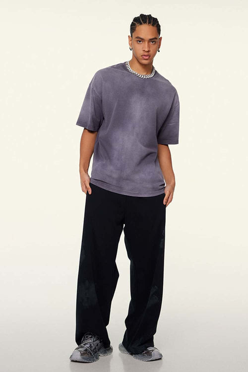 Washed Gradient Cotton Relaxed Drop-Shoulder T-Shirt in Grape Purple - full-length front modeled view