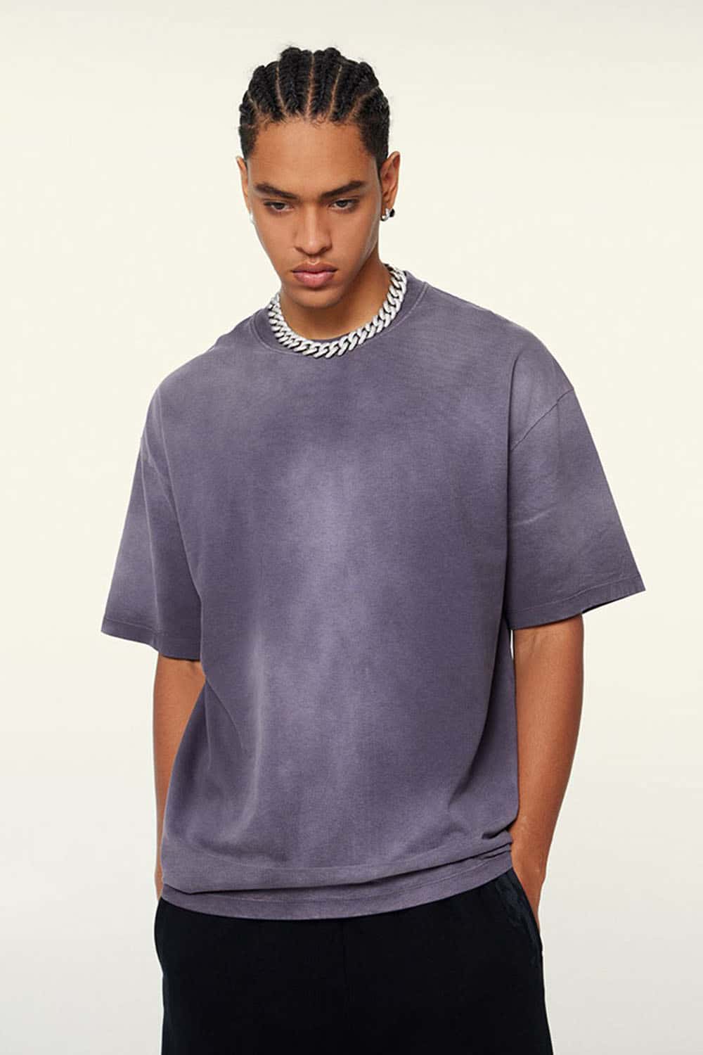 Washed Gradient Cotton Relaxed Drop-Shoulder T-Shirt in Grape Purple - full-length front modeled view