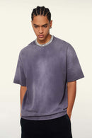 Washed Gradient Cotton Relaxed Drop-Shoulder T-Shirt in Grape Purple - full-length front modeled view