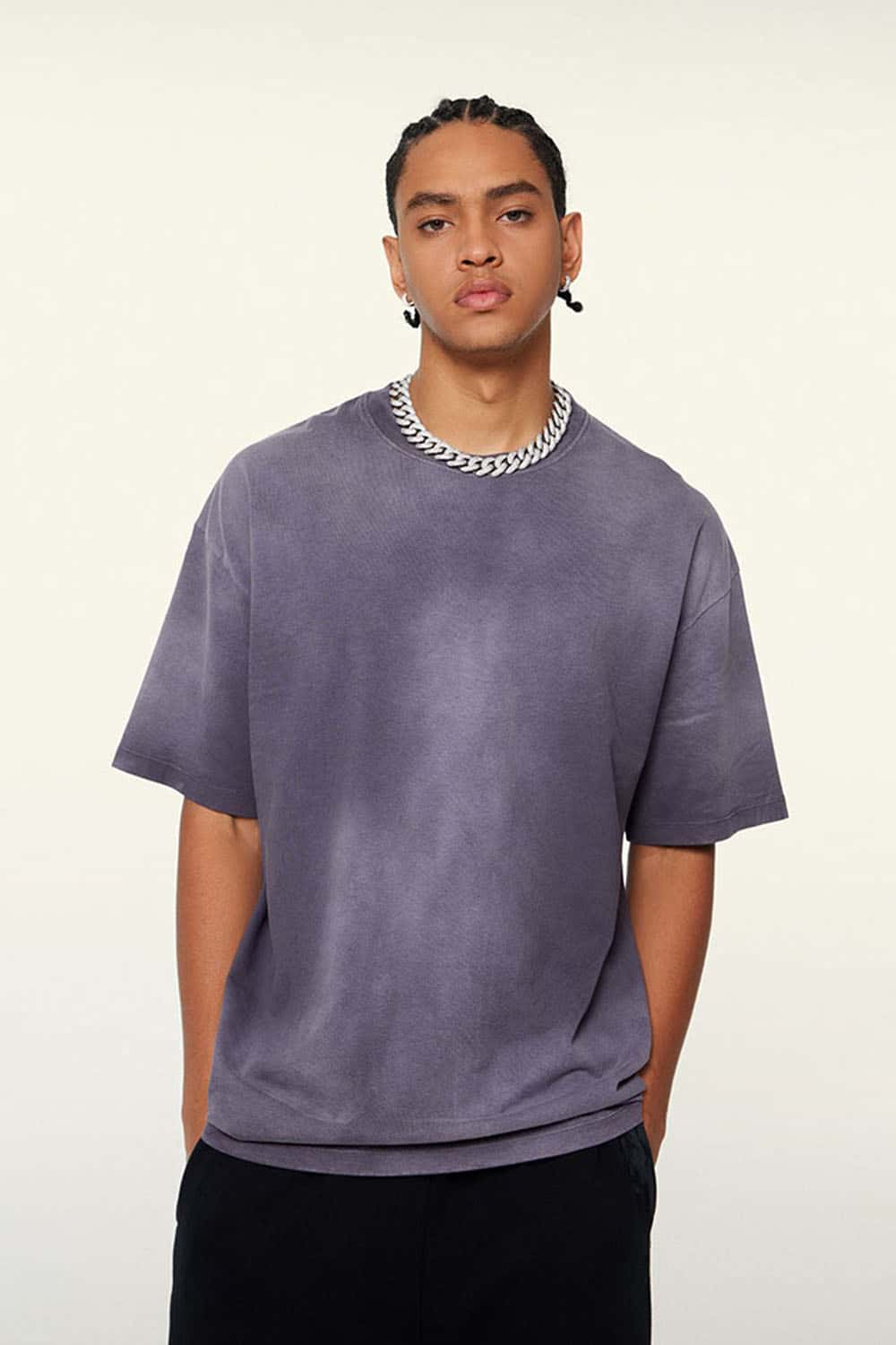 Washed Gradient Cotton Relaxed Drop-Shoulder T-Shirt in Grape Purple - front modeled view