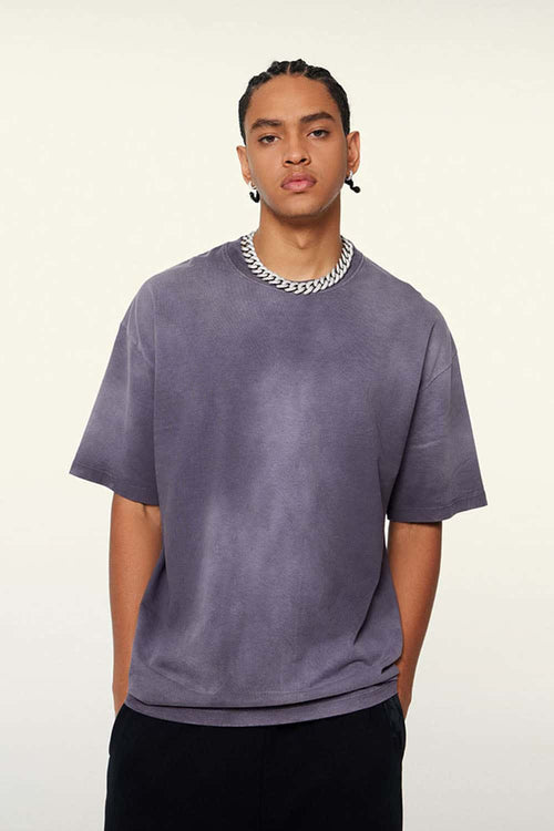 Washed Gradient Cotton Relaxed Drop-Shoulder T-Shirt in Grape Purple - front modeled view