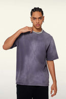 Washed Gradient Cotton Relaxed Drop-Shoulder T-Shirt in Grape Purple - front modeled view