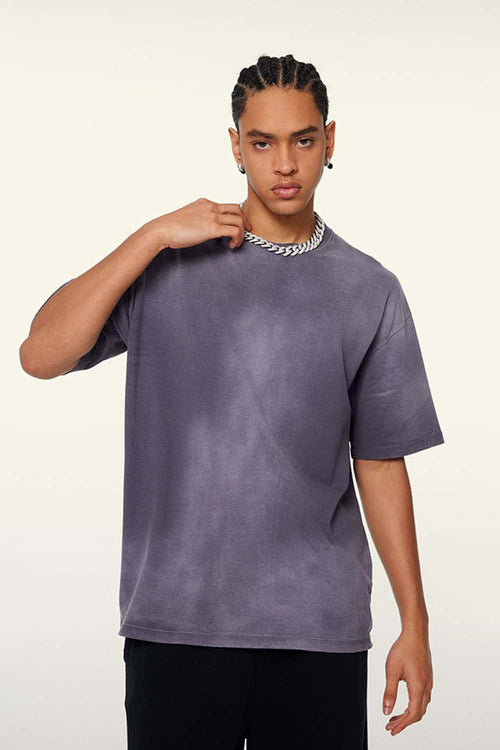Washed Gradient Cotton Relaxed Drop-Shoulder T-Shirt in Grape Purple - front modeled view