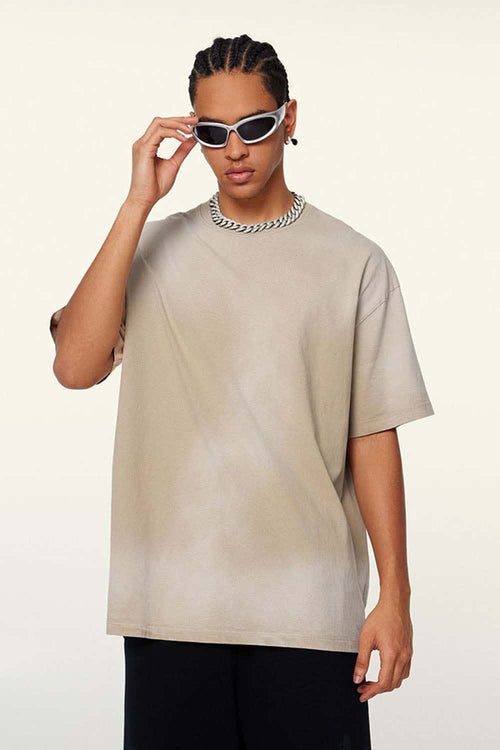 Washed Gradient Cotton Relaxed Drop-Shoulder T-Shirt in Khaki - front modeled view