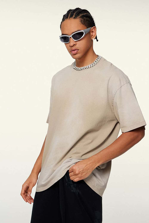 Washed Gradient Cotton Relaxed Drop-Shoulder T-Shirt in Khaki - side modeled view
