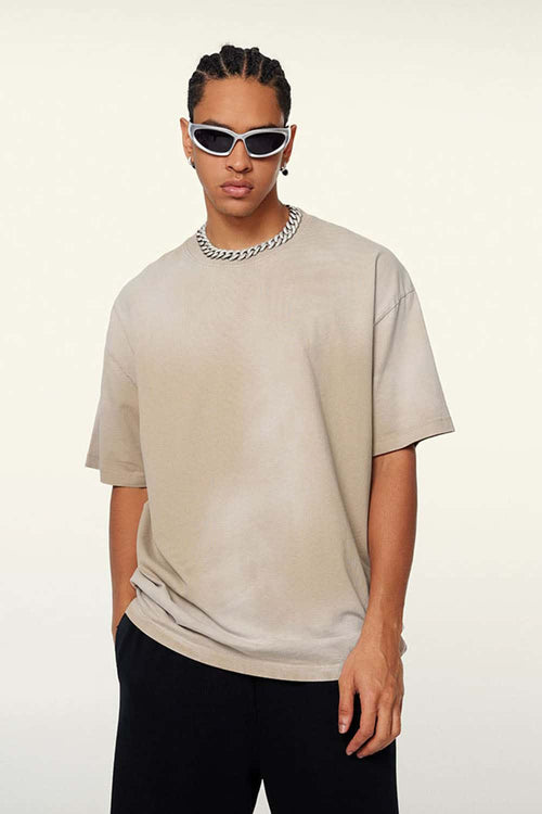 Washed Gradient Cotton Relaxed Drop-Shoulder T-Shirt in Khaki - front modeled view