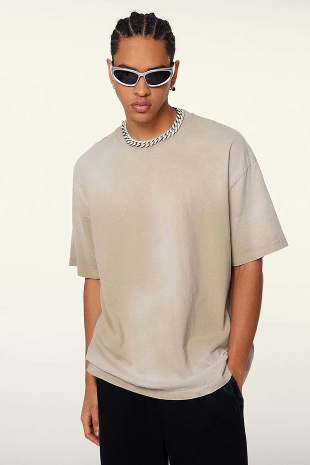 Washed Gradient Cotton Relaxed Drop-Shoulder T-Shirt in Khaki - front modeled view
