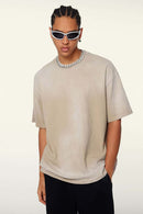 Washed Gradient Cotton Relaxed Drop-Shoulder T-Shirt in Khaki - front modeled view
