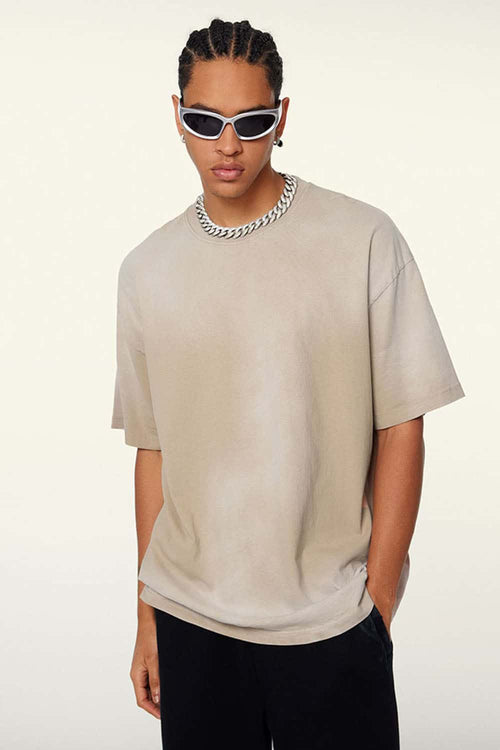 Washed Gradient Cotton Relaxed Drop-Shoulder T-Shirt in Khaki - front modeled view