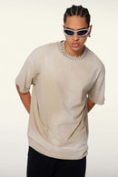 Washed Gradient Cotton Relaxed Drop-Shoulder T-Shirt in Khaki - front modeled view