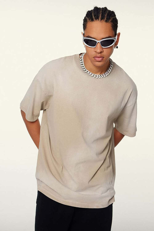 Washed Gradient Cotton Relaxed Drop-Shoulder T-Shirt in Khaki - front modeled view