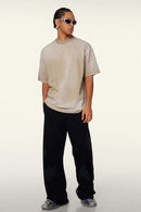 Washed Gradient Cotton Relaxed Drop-Shoulder T-Shirt in Khaki - full-length front modeled view