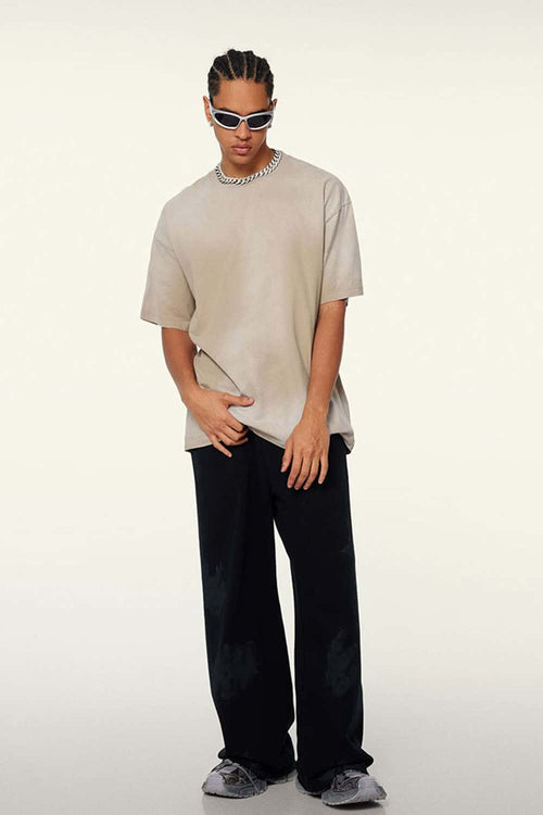 Washed Gradient Cotton Relaxed Drop-Shoulder T-Shirt in Khaki - full-length front modeled view