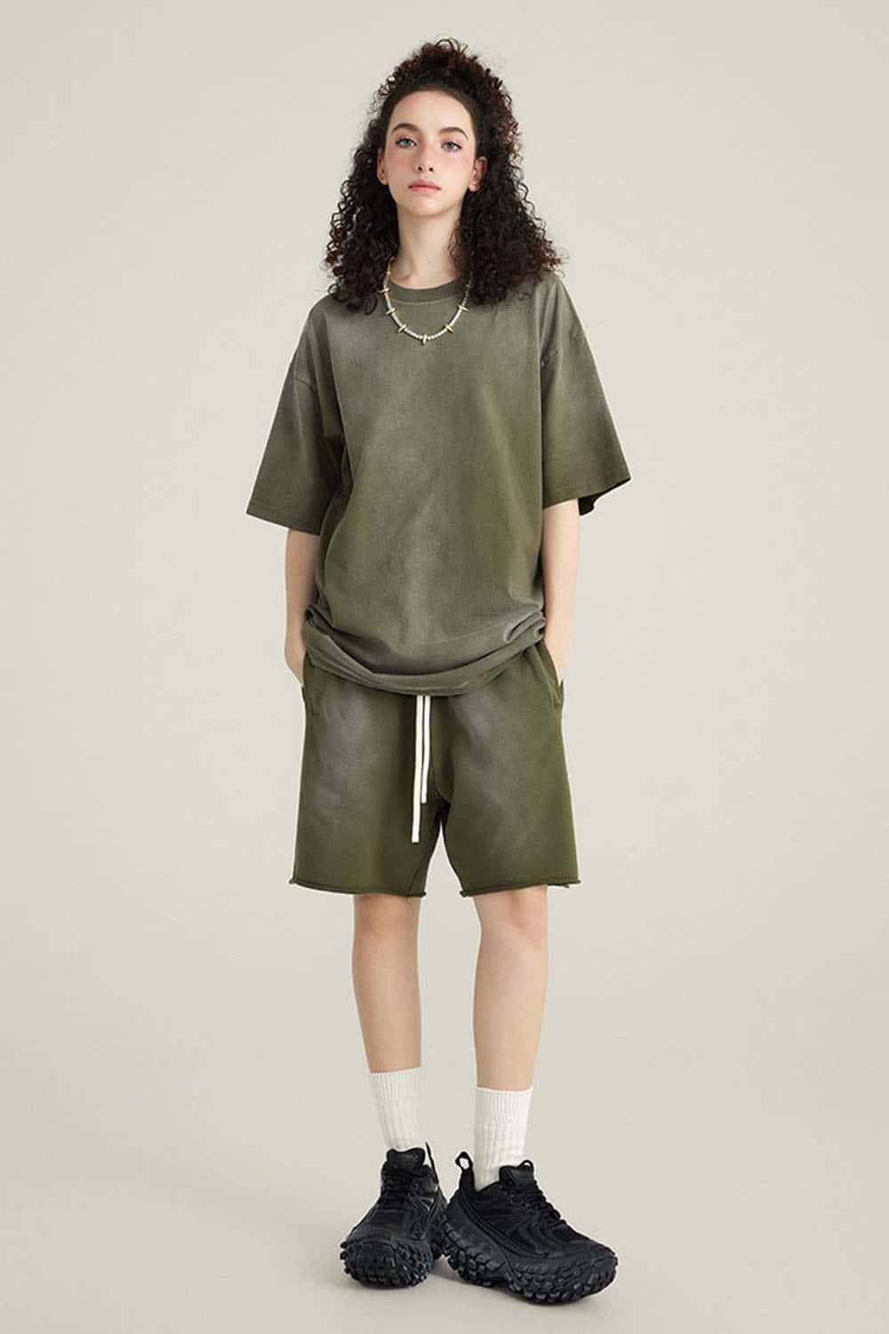 Washed Gradient Cotton Relaxed Drop-Shoulder T-Shirt in Military Green - full-length front modeled view