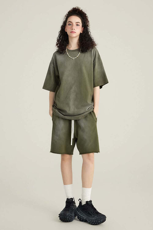 Washed Gradient Cotton Relaxed Drop-Shoulder T-Shirt in Military Green - full-length front modeled view