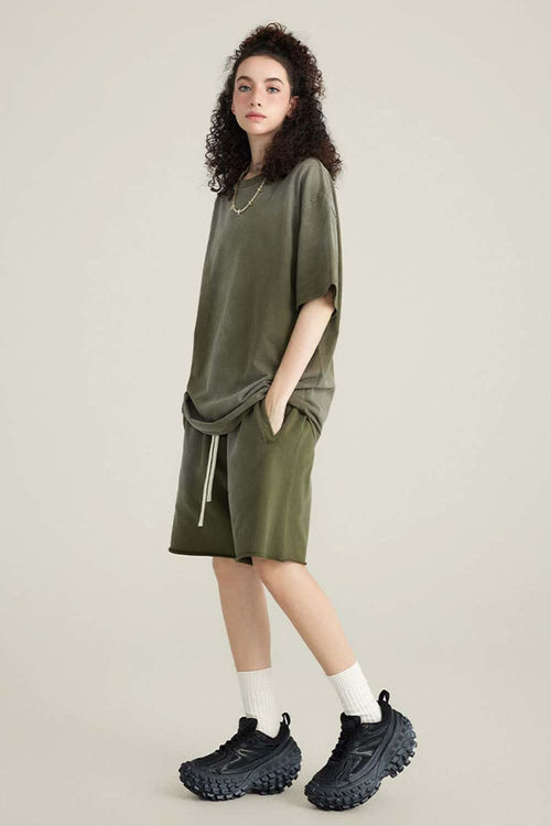 Washed Gradient Cotton Relaxed Drop-Shoulder T-Shirt in Military Green - side modeled view