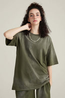 Washed Gradient Cotton Relaxed Drop-Shoulder T-Shirt in Military Green - front modeled view