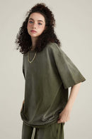 Washed Gradient Cotton Relaxed Drop-Shoulder T-Shirt in Military Green - front modeled view