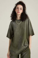 Washed Gradient Cotton Relaxed Drop-Shoulder T-Shirt in Military Green - front modeled view