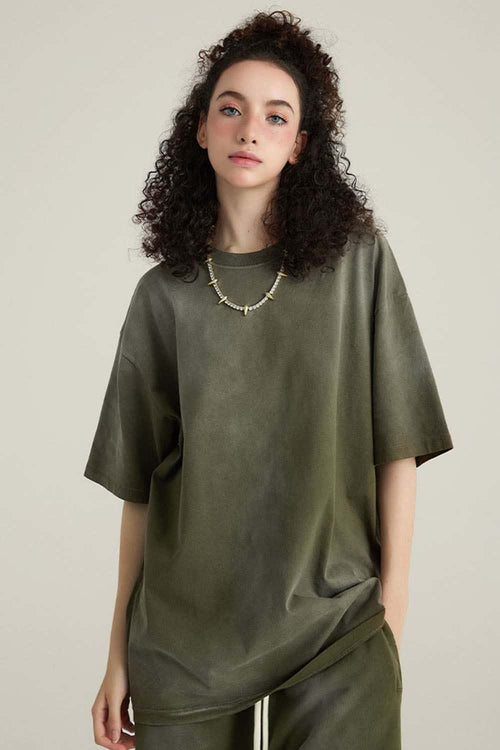 Washed Gradient Cotton Relaxed Drop-Shoulder T-Shirt in Military Green - front modeled view