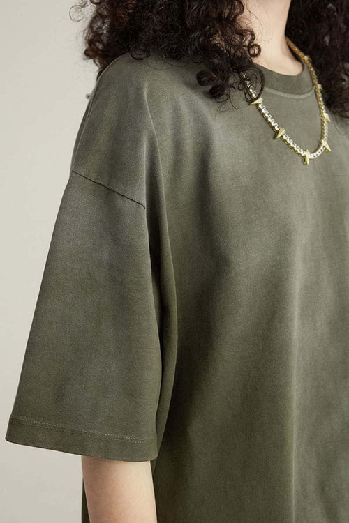 Washed Gradient Cotton Relaxed Drop-Shoulder T-Shirt in Military Green - product detail close-up