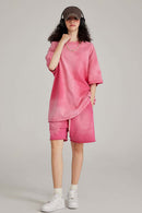 Washed Gradient Cotton Relaxed Drop-Shoulder T-Shirt in Rose Red - full-length front modeled view