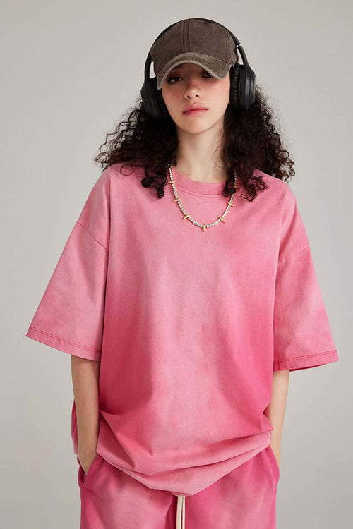 Washed Gradient Cotton Relaxed Drop-Shoulder T-Shirt in Rose Red - front modeled view