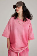 Washed Gradient Cotton Relaxed Drop-Shoulder T-Shirt in Rose Red - front modeled view