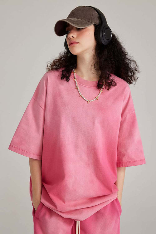 Washed Gradient Cotton Relaxed Drop-Shoulder T-Shirt in Rose Red - front modeled view
