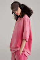 Washed Gradient Cotton Relaxed Drop-Shoulder T-Shirt in Rose Red - side modeled view