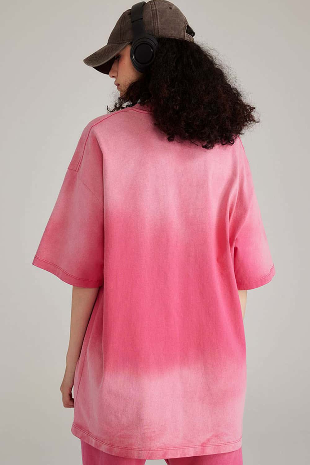 Washed Gradient Cotton Relaxed Drop-Shoulder T-Shirt in Rose Red - back product view