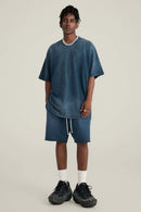 Washed Gradient Cotton Relaxed Drop-Shoulder T-Shirt in Royal Blue - full-length front modeled view