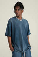 Washed Gradient Cotton Relaxed Drop-Shoulder T-Shirt in Royal Blue - front modeled view