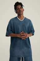 Washed Gradient Cotton Relaxed Drop-Shoulder T-Shirt in Royal Blue - front modeled view