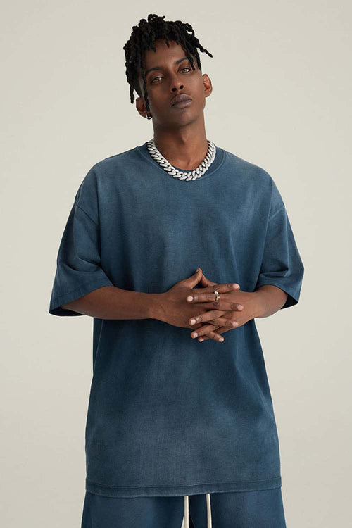 Washed Gradient Cotton Relaxed Drop-Shoulder T-Shirt in Royal Blue - front modeled view